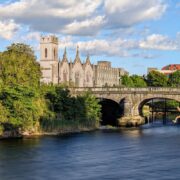 Historic buildings along river in Galway, Ireland